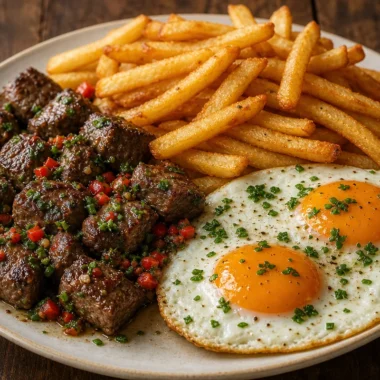 Plate of crispy fries with steak bites and eggs for a tasty breakfast dish