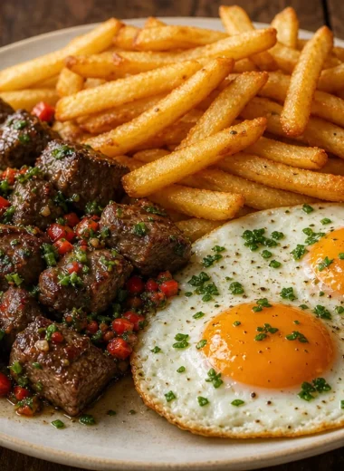 Plate of crispy fries with steak bites and eggs for a tasty breakfast dish