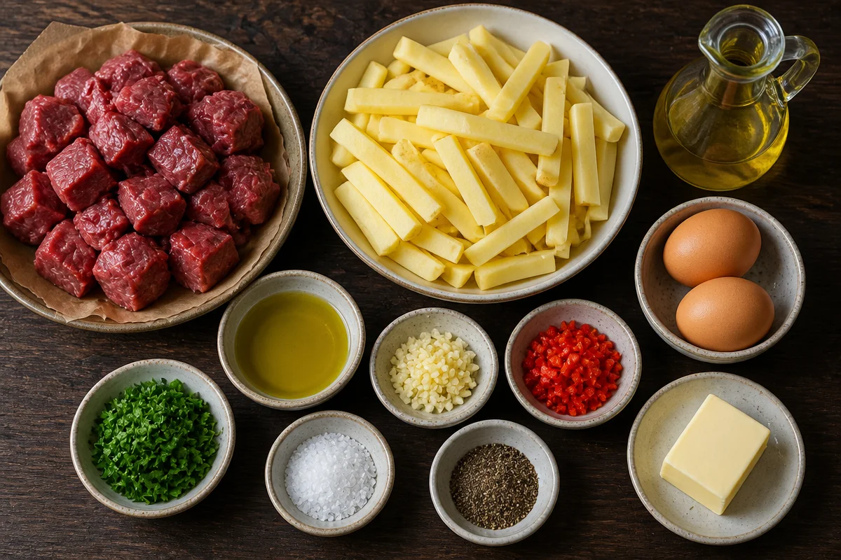 Crispy Fries With Steak Bites And Eggs
