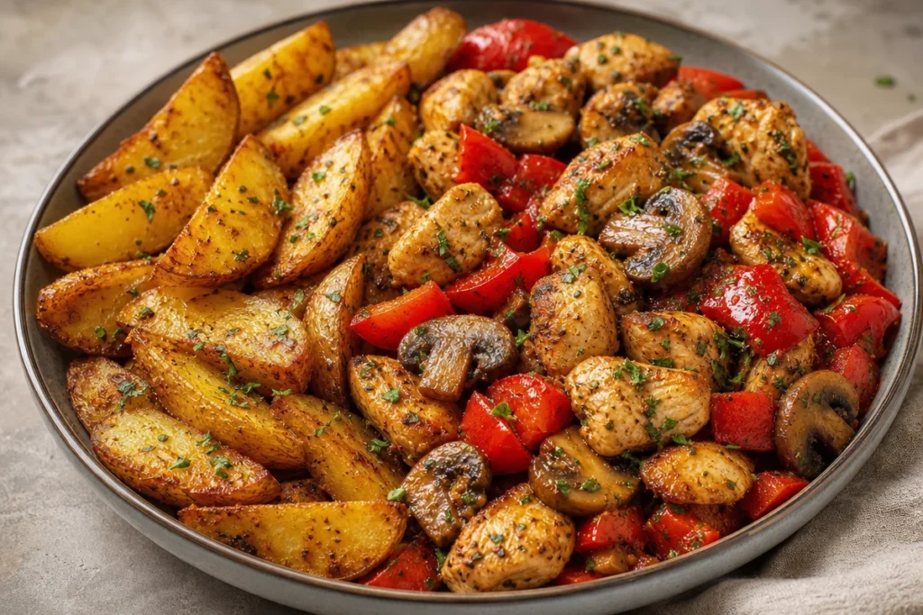 Crispy garlic herb chicken served with mushrooms and golden wedges