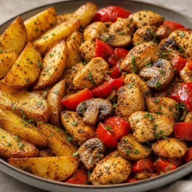 Crispy garlic herb chicken served with mushrooms and golden wedges