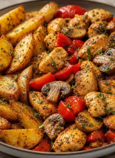 Crispy garlic herb chicken served with mushrooms and golden wedges