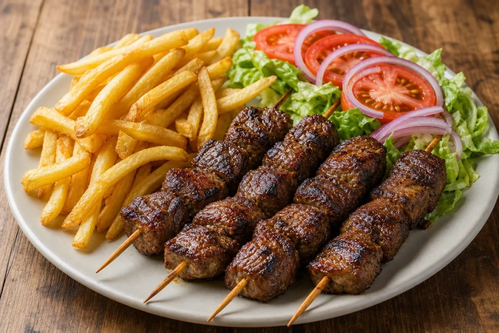 Crispy grilled beef skewers with fries and a vibrant garden salad on a plate.