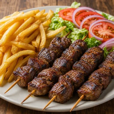 Crispy grilled beef skewers with fries and a vibrant garden salad on a plate.