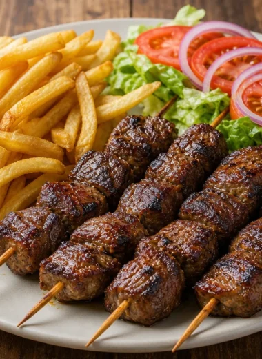 Crispy grilled beef skewers with fries and a vibrant garden salad on a plate.
