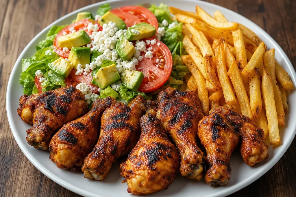 Crispy grilled chicken drumsticks with fries and avocado salad on a plate