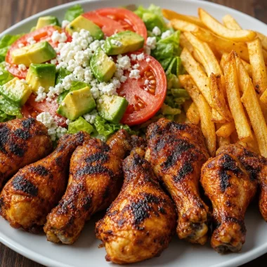 Crispy grilled chicken drumsticks with fries and avocado salad on a plate
