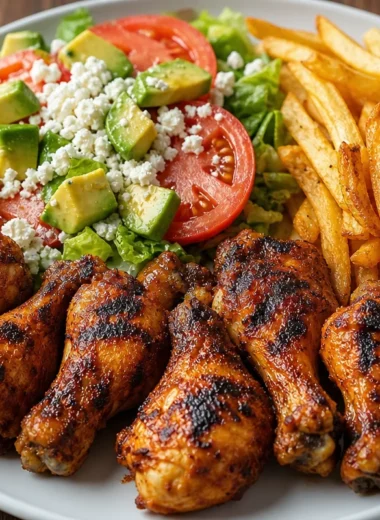 Crispy grilled chicken drumsticks with fries and avocado salad on a plate