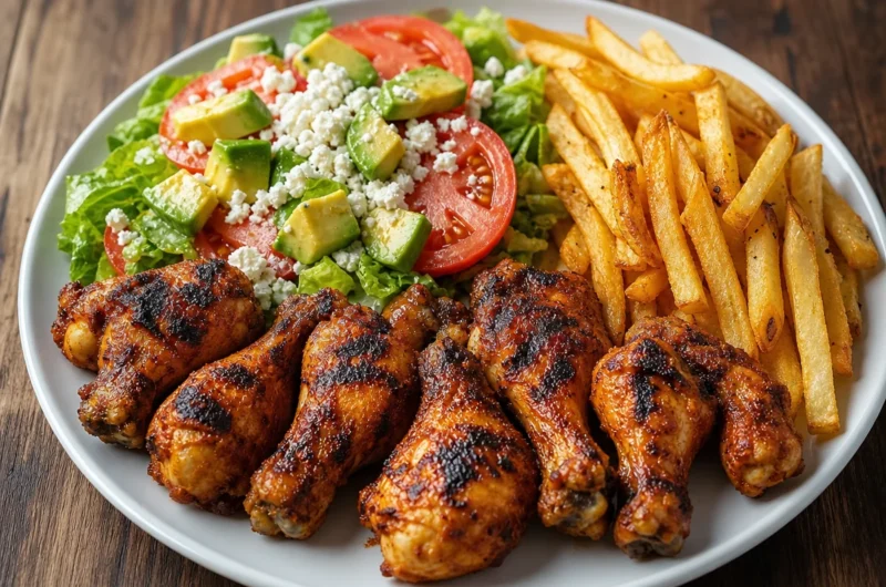 Crispy grilled chicken drumsticks with fries and avocado salad on a plate