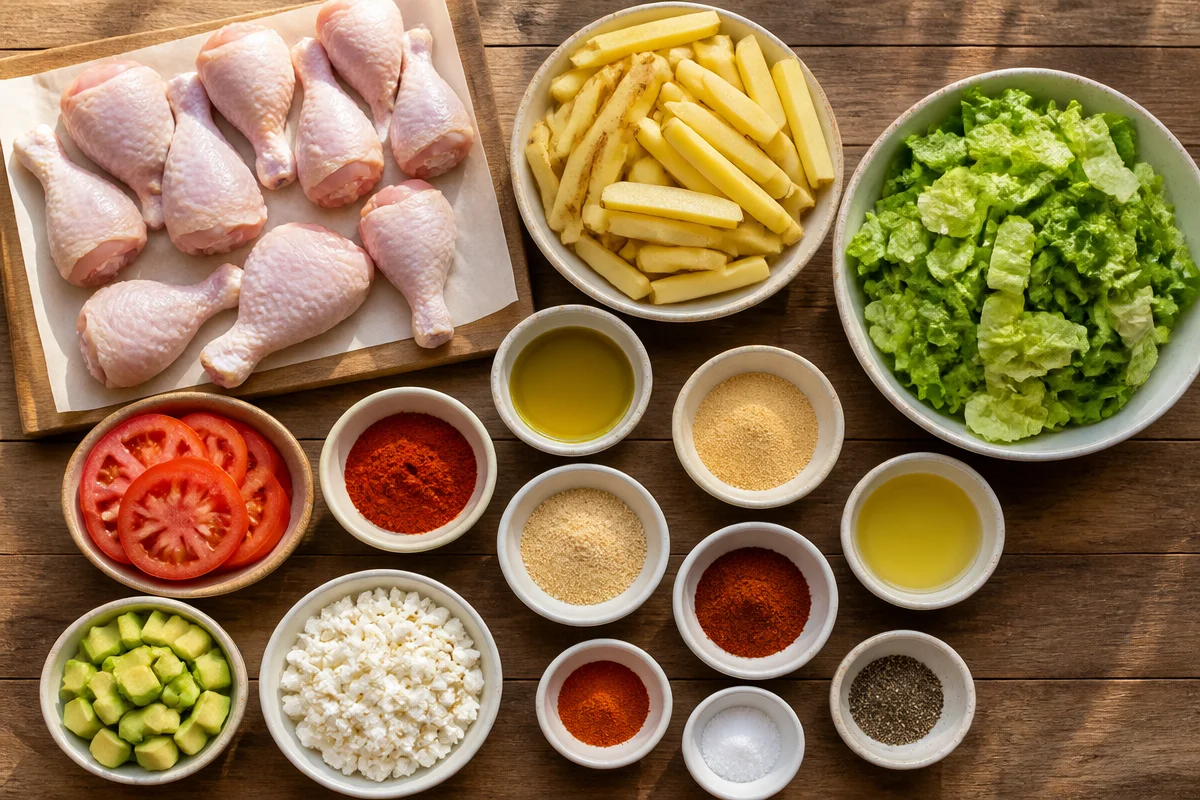 Crispy Grilled Chicken Drumsticks with Fries & Avocado Salad