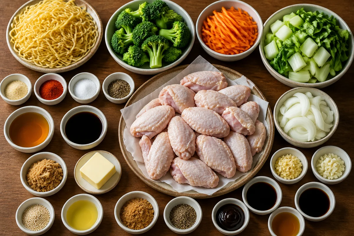 Crispy Honey Garlic Chicken Wings With Vegetable Chow Mein