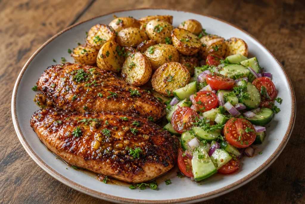 Crispy honey garlic chicken with baby potatoes and salad on a plate