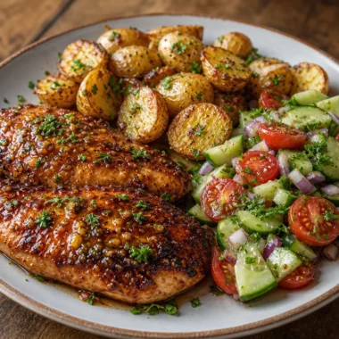 Crispy honey garlic chicken with baby potatoes and salad on a plate
