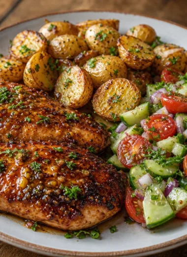 Crispy honey garlic chicken with baby potatoes and salad on a plate