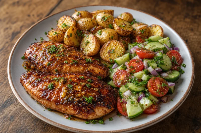 Crispy honey garlic chicken with baby potatoes and salad on a plate