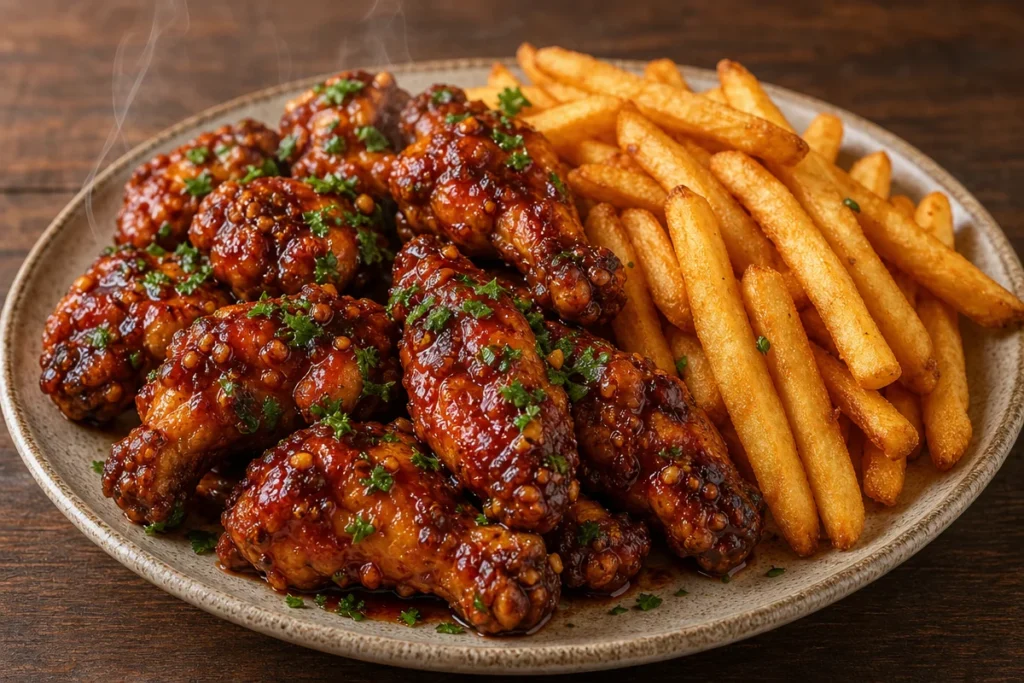 Crispy honey garlic wings served with golden fries on a platter