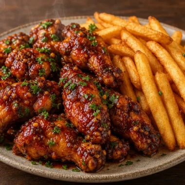 Crispy honey garlic wings served with golden fries on a platter