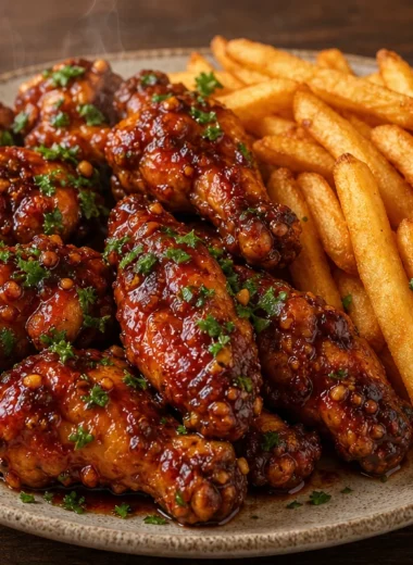 Crispy honey garlic wings served with golden fries on a platter