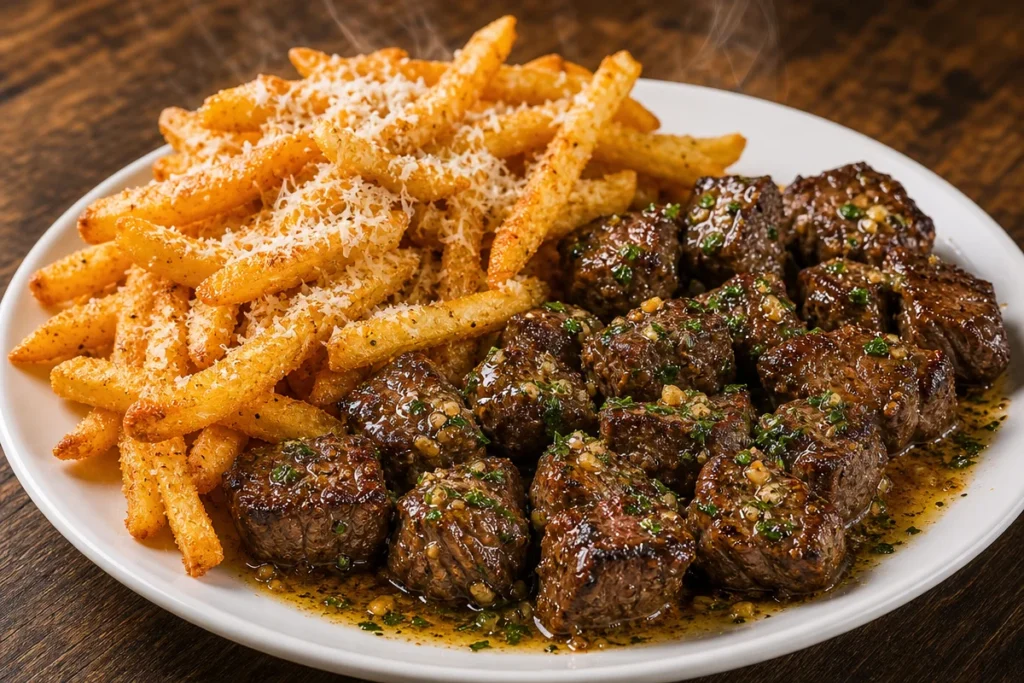 Crispy Parmesan fries served with garlic butter steak bites
