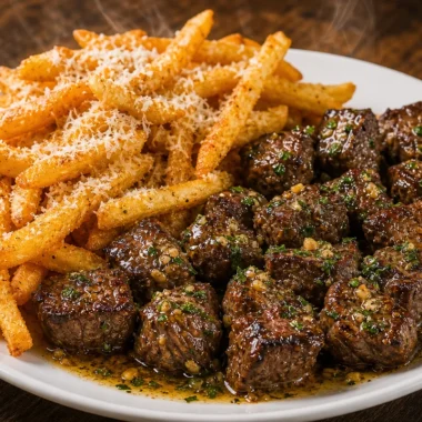 Crispy Parmesan fries served with garlic butter steak bites