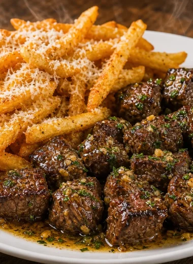 Crispy Parmesan fries served with garlic butter steak bites