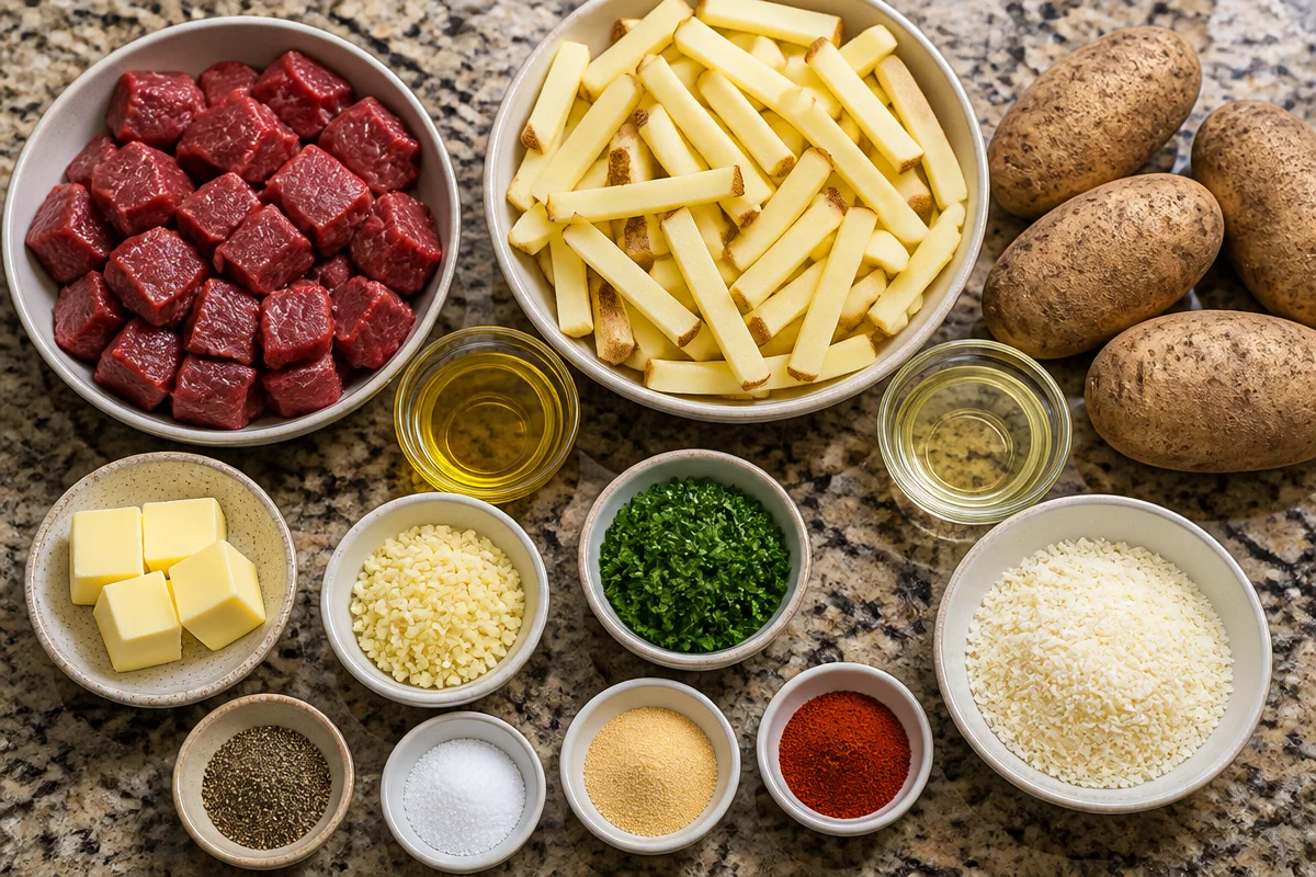 Crispy Parmesan Fries with Garlic Butter Steak Bites