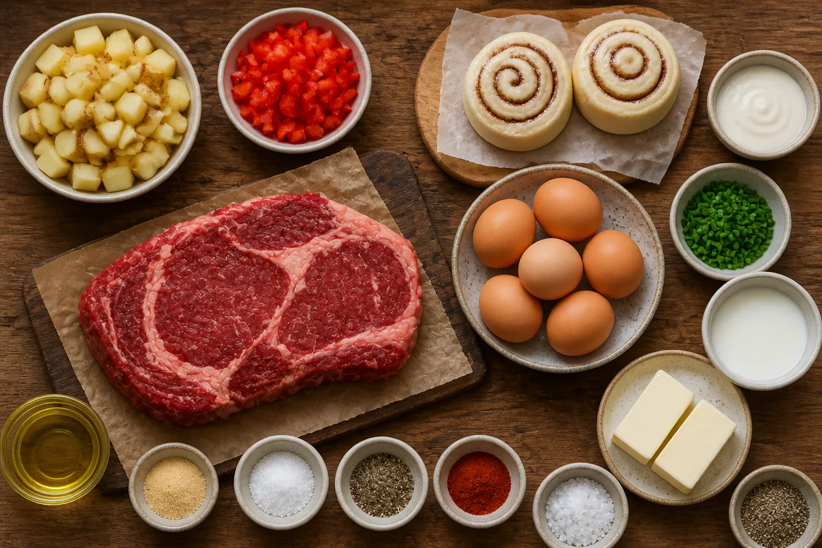 Crispy Steak Breakfast With Scrambled Eggs And Cinnamon Rolls