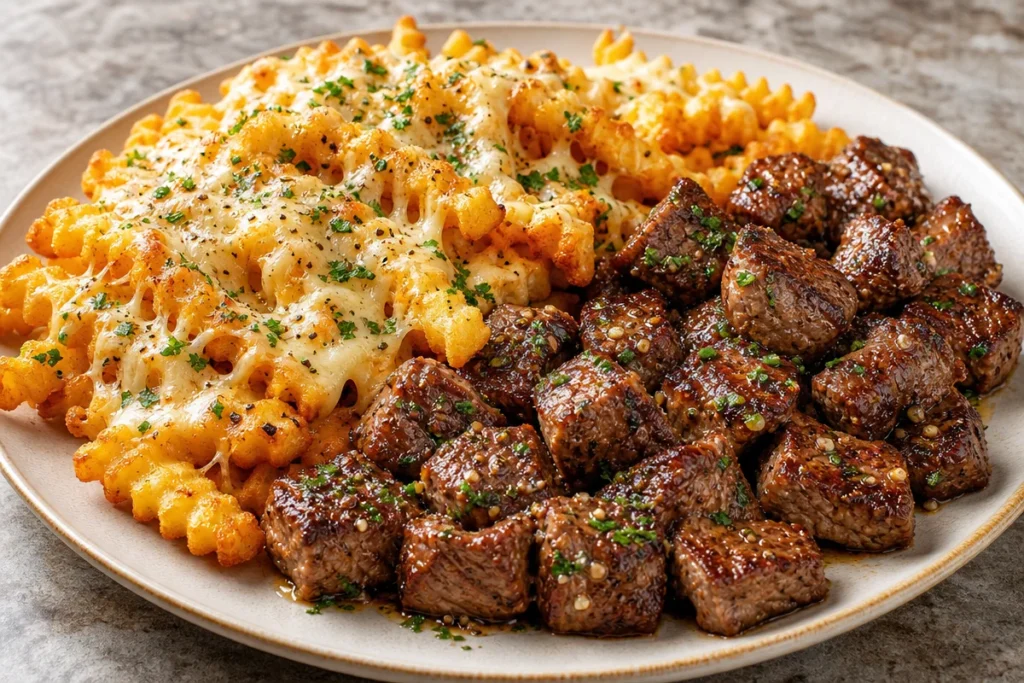 Delicious garlic butter steak bites served with cheesy loaded crinkle fries.