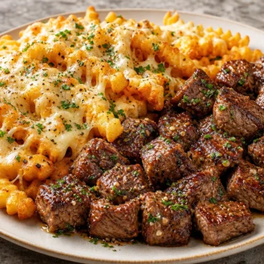 Delicious garlic butter steak bites served with cheesy loaded crinkle fries.