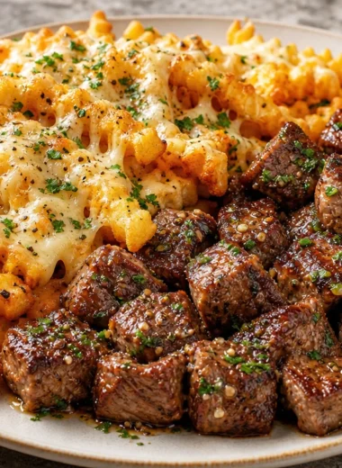 Delicious garlic butter steak bites served with cheesy loaded crinkle fries.