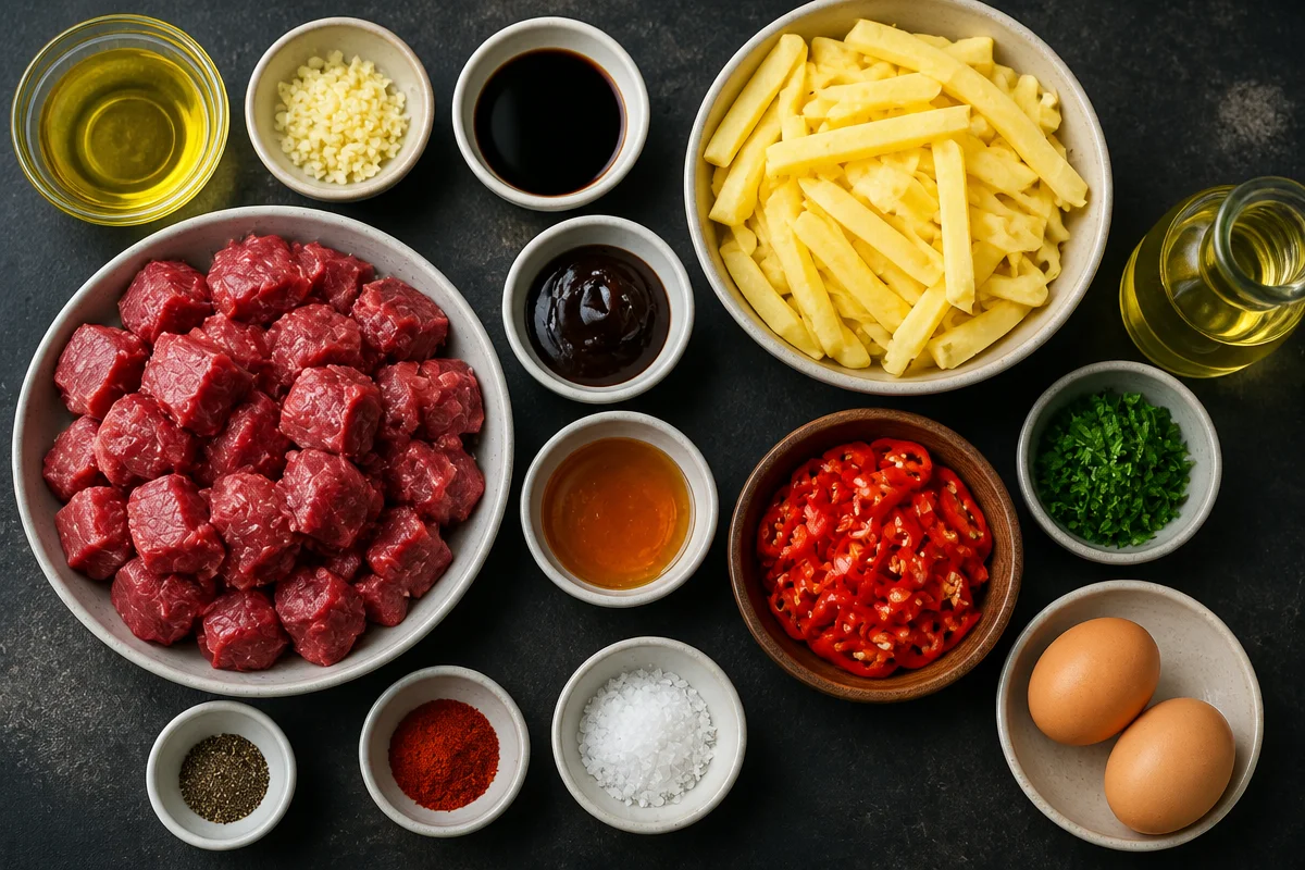 Garlic Chili Beef Bites with Fries & Sunny Eggs