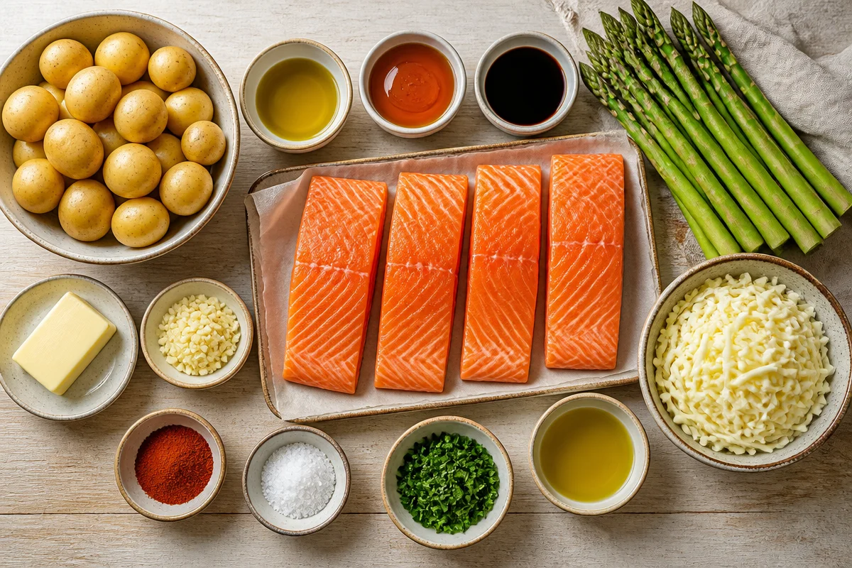Glazed Salmon with Baby Potatoes & Cheesy Asparagus