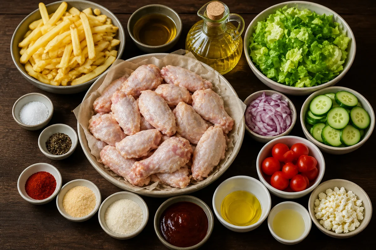 Golden BBQ Chicken Wings With Fries And Greek Salad