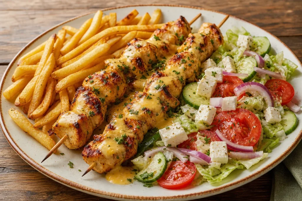 Golden chicken skewers served with fries and Greek salad on a plate.
