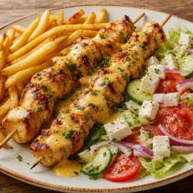 Golden chicken skewers served with fries and Greek salad on a plate.