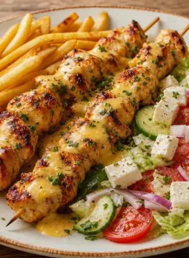 Golden chicken skewers served with fries and Greek salad on a plate.