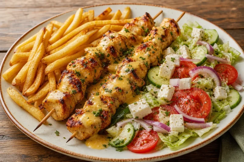 Golden chicken skewers served with fries and Greek salad on a plate.