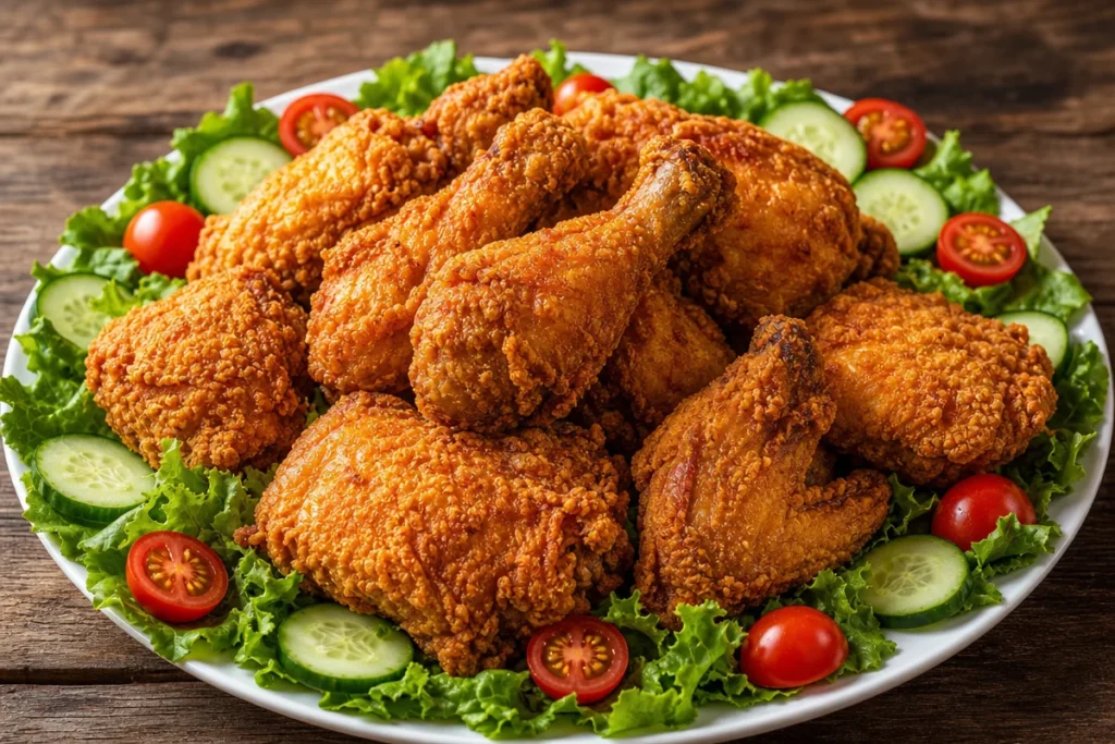 Golden Southern Fried Chicken served with a side dish and garnished.