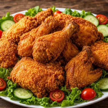 Golden Southern Fried Chicken served with a side dish and garnished.