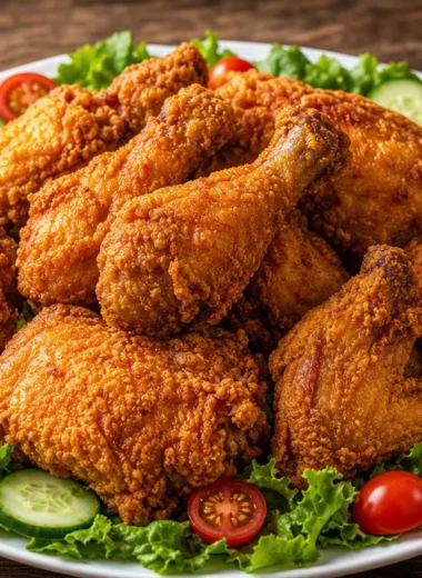 Golden Southern Fried Chicken served with a side dish and garnished.