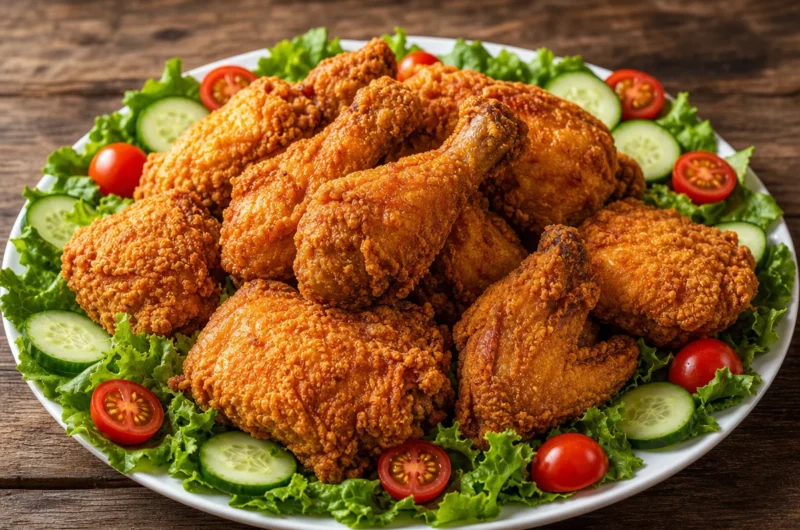 Golden Southern Fried Chicken served with a side dish and garnished.