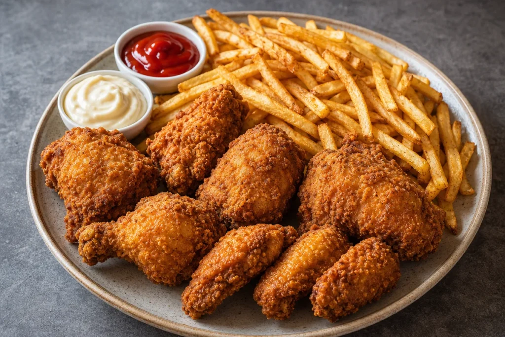 Plate of golden southern fried chicken served with crispy French fries.