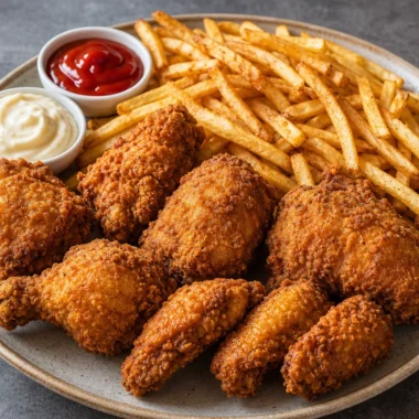 Plate of golden southern fried chicken served with crispy French fries.