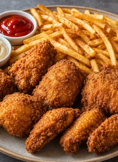 Plate of golden southern fried chicken served with crispy French fries.