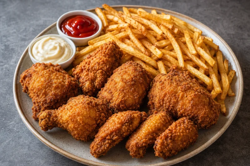 Plate of golden southern fried chicken served with crispy French fries.