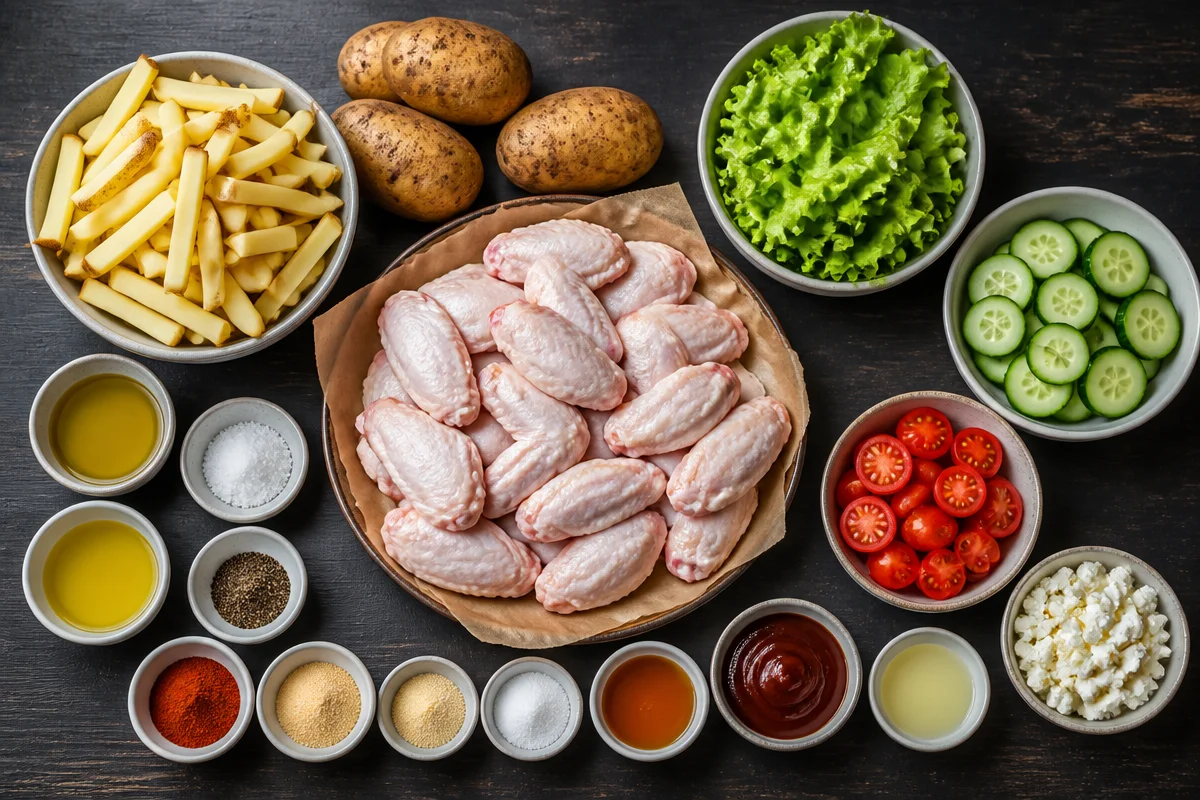 Grilled Chicken Wings Plate with Fries & Fresh Salad