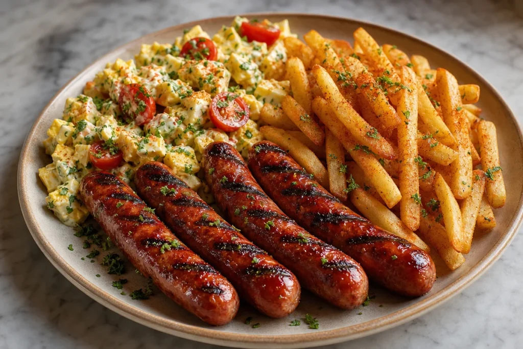 Plate of grilled sausages, seasoned fries, and creamy egg salad