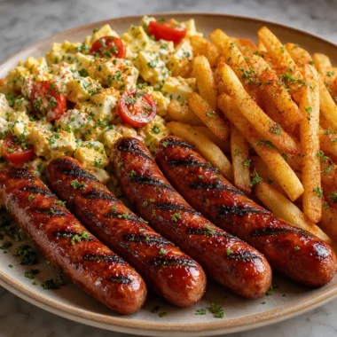 Plate of grilled sausages, seasoned fries, and creamy egg salad