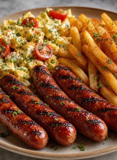 Plate of grilled sausages, seasoned fries, and creamy egg salad