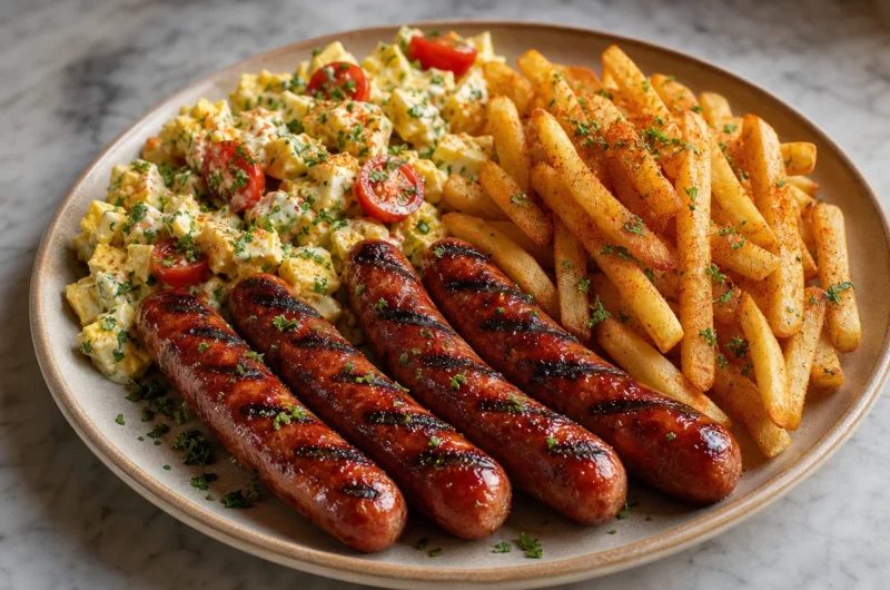 Plate of grilled sausages, seasoned fries, and creamy egg salad